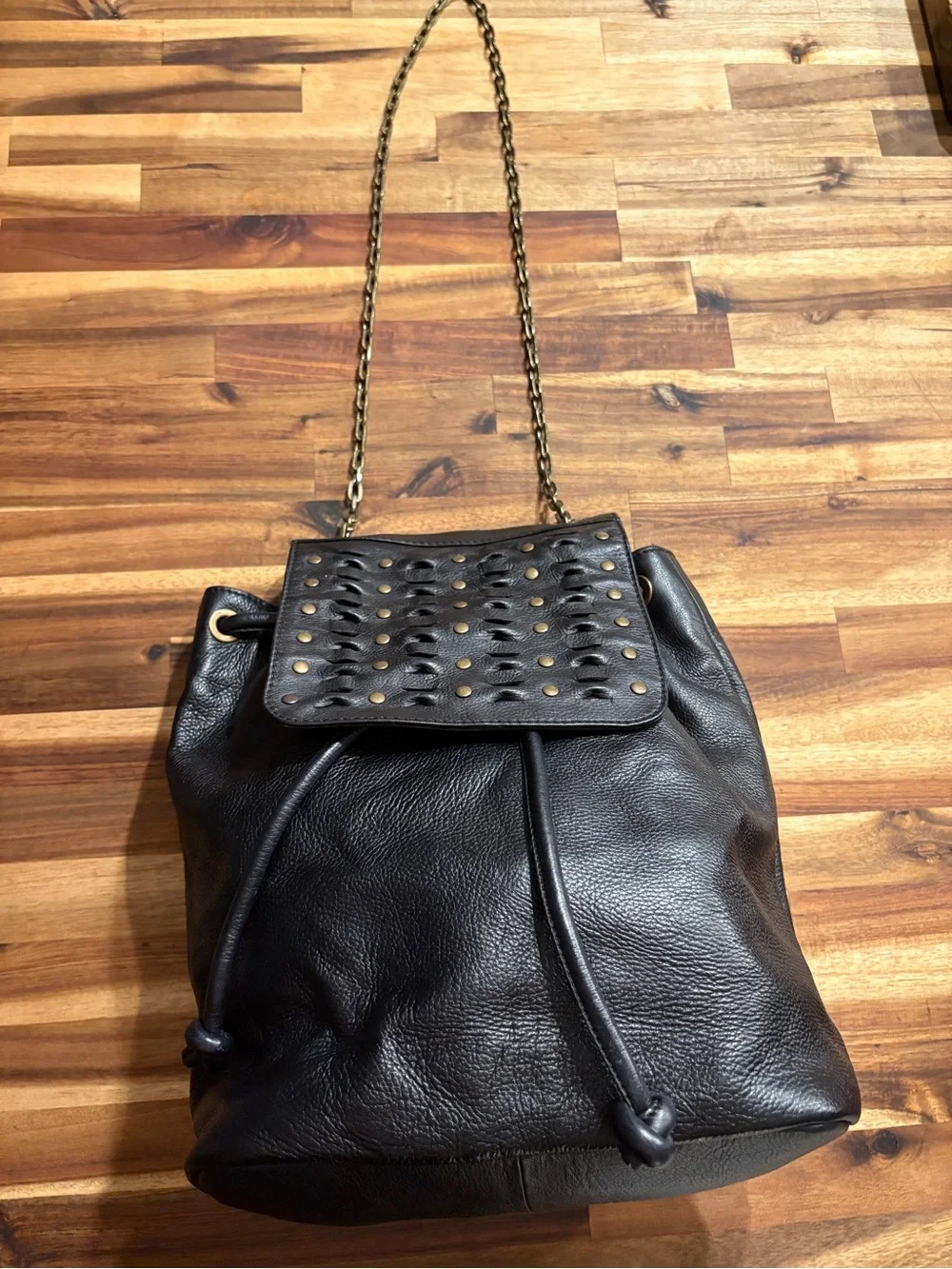 Frye Black Leather Studded Drawstring Backpack